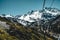 Almaty, Kazakhstan ski lift, cable car cabin at Medeo to Shymbulak route against mountain background