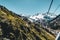 Almaty, Kazakhstan ski lift, cable car cabin at Medeo to Shymbulak route against mountain background