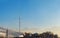 Almaty Television Tower and mountain view during winter smog.  Kazakhstan