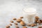 Almond milk in a glass with almond nuts on concrete background. Vegan dairy free plant milk