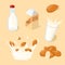 Almond Milk glass, splash, bottle, pack vector icon set. Healthy
