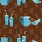 Almond milk vector seamless pattern background. Blue drinks glasses and jugs pouring healthy nuts into bowls on textured