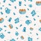 Almond milk vector seamless pattern background. Blue white backdrop of brown healthy nuts in bowls with pretty jugs and