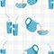 Almond milk vector seamless pattern background. Pretty blue drinks glasses and jugs pouring healthy nuts into bowls on