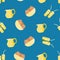 Almond milk vector seamless pattern background.Yellow blue backdrop of brown healthy nuts in bowls with pretty jugs and