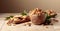 Almond nuts in wooden dishes on a ceramic table