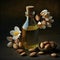 Almond oil with almonds nuts on black background