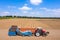 Almond picker harvester discharging, Aerial view.