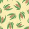Almond vector seamless pattern background. Clusters of assorted brown oval nuts with leaves on yellow backdrop. Kernel