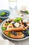 Almond waffles with nuts, ricotta cheese and fresh blueberries, healthy food, breakfast