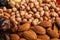 Almonds, dried dates and hazelnuts, closeup