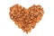 Almonds heap in heart shape on white background.