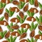 Almonds seamless pattern, nuts whole and half and leaves on a white background