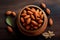 Almonds In Wooden Bowl And On Wooden Table - Generative AI