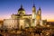 The Almudena Cathedral during a colorful sunset, it is the most important  and Catholic religious building in Madrid