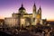 The Almudena Cathedral during a colorful sunset, it is the most important  and Catholic religious building in Madrid