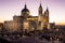 The Almudena Cathedral during a colorful sunset, it is the most important  and Catholic religious building in Madrid