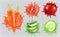 Aloe juice, carrots, grapefruit, pomegranate and cucumber. Vector icon set