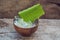 Aloe vera and aloe cubes in a wooden bowl. Aloe Vera gel almost use in food, medicine and beauty industry