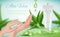 Aloe vera cream. Woman skin care ads hands cosmetics tubes splashes green plants vector realistic placard template