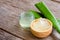 Aloe vera essential oil and aloevera gel with cactus green leaf on wood table