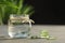 Aloe Vera gel close-up. Sliced Aloe vera plants leaf and gel pouring into jar