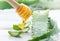 Aloe Vera with honey closeup on white wooden background. Sliced Aloevera natural organic renewal cosmetics, alternative medicine