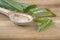 Aloe Vera leaf cut into pieces. Transparent aloe Vera jelly on wooden spoon