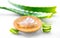 Aloe Vera leaves closeup on white wooden background. Organic sliced aloevera leaf and gel, natural organic cosmetic ingredients