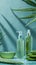 Aloe vera skincare arrangement, bottles and jars set against a serene blue vertical background with aloe leaves