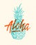 Aloha beach lettering. Havaiian summer tropical sign, label, vintage card template with shabby texture. Hand drawn