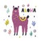 Aloha funny print with a cute llama. Card with alpaca in childish style