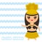 Aloha Hawaii Card design Hawaiian Hula Dancer Kawaii girl. blue waves sea ocean background. banner template, card design. Vector