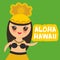 Aloha Hawaii Card design Hawaiian Hula Dancer Kawaii girl on green background. Vector