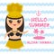 Aloha Hawaii Card design Hawaiian Hula Dancer Kawaii girl. Hello summer blue waves sea ocean palm tree background. banner template