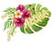 Aloha Hawaii greeting. Hand drawn watercolor painting with Chinese Hibiscus rose flowers and palm leave isolated on white