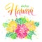 Aloha Hawaii, hand written vector lettering with bouquet of exotic flower