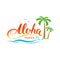 Aloha Hawaii handmade tropical exotic t shirt graphics. `Aloha Hawaii` calligraphy words with palms, ocean and birds.