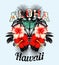 Aloha Hawaii. Pink hibiscus and black leaves mirror illustration