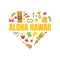 Aloha Hawaii Travel Banner Template with Travelling Sights and Symbols Pattern of Heart Shape, Hawaiian Summer