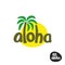 Aloha lettering word logo with palm tree and sun silhouette.