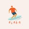 Aloha poster with surfer on surfboard catching waves in ocean.