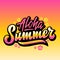 Aloha Summer Abstract Vector Hand Lettering Greeting Gard, Sign or Poster. With Hawaii Flowers and Pink Yellow Gradient.