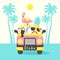 Aloha summer poster with toucan, flamingo, parrot, pineapple in the car. Can be used for poster, greeting card, bags, t-shirt.