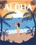 Aloha Summer Sunset Sea Ocean Beach Wave Surfboard, Palm Tree Star Fish tropical beach girl surfing