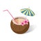 Aloha tropical coconut cocktail with colorful straws and umbrella on jungle leaves. Cartoon style, vector, isolated