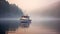 alone boat gliding on a misty lake