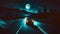 alone car on dark full moon night road in wilderness with forest on sides and mountains on the horizon, neural network