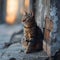 Alone, a cat sits on the cold cement floor, deep introspection