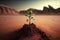 Alone green sprout against the background of the mars, created with Generative AI technology